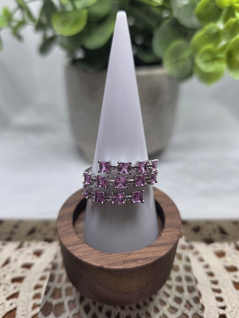 BP Triple-Row Pink Crystal Ring in Silver Tone